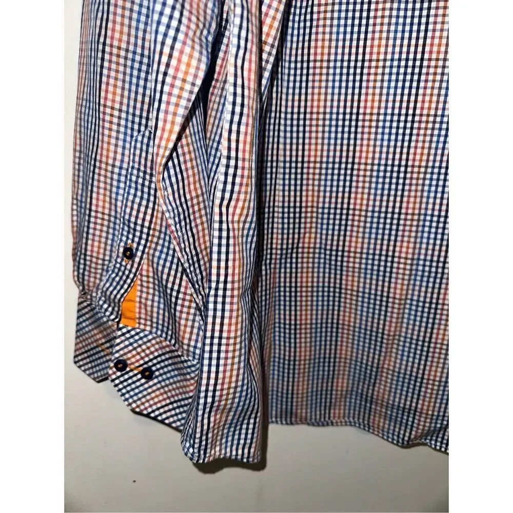 Cote Opera Paris Formal Shirt button down blue orange white gingham size 17 43 L